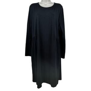J. Jill Knit Dress Long Sleeve Pockets Black XL Gathered Sides Lagenlook Cotton